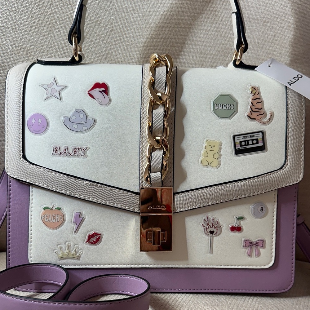 Aldo Cream and Purple Satchel with Fun Embellishments and Shoulder Strap - Picture 2 of 14